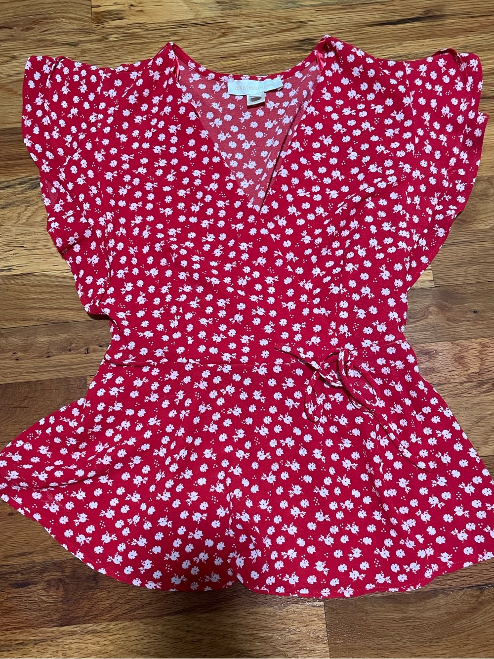 Monteau Red Floral Wrap Peplum Blouse
